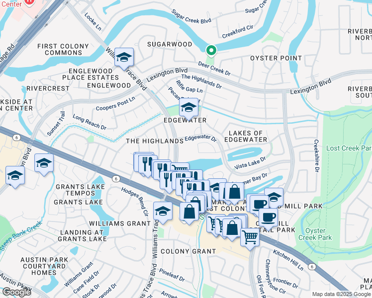 map of restaurants, bars, coffee shops, grocery stores, and more near 2225 Williams Trace Boulevard in Sugar Land