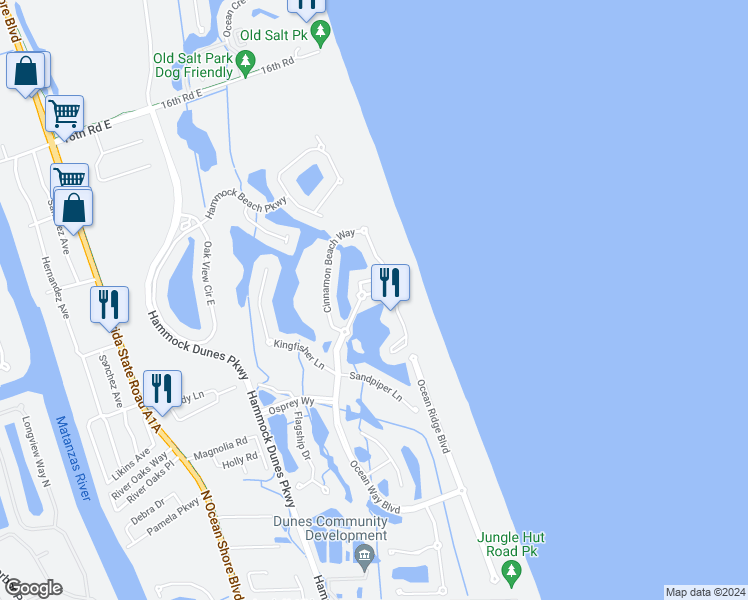 map of restaurants, bars, coffee shops, grocery stores, and more near 107 Ocean Way North in Palm Coast