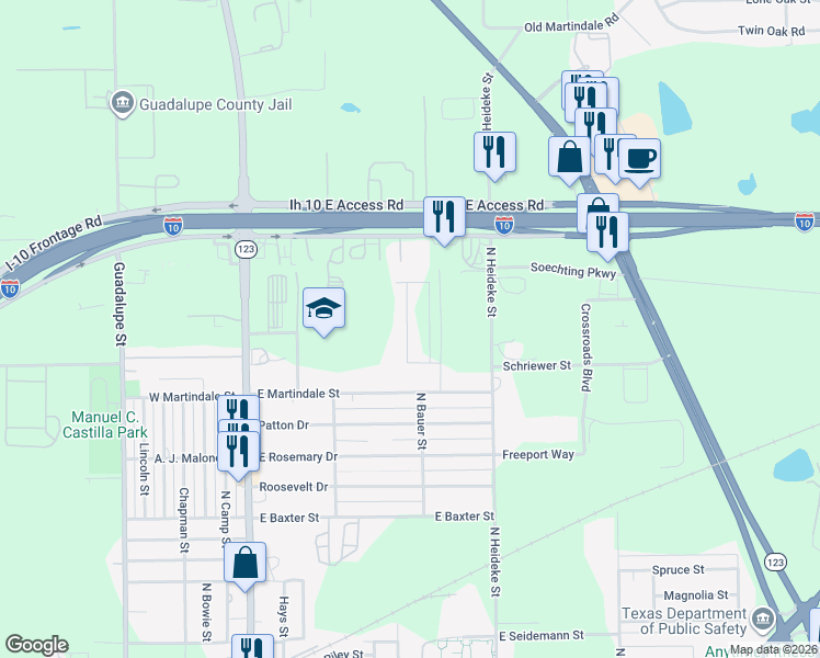 map of restaurants, bars, coffee shops, grocery stores, and more near 2412 Marty Way in Seguin
