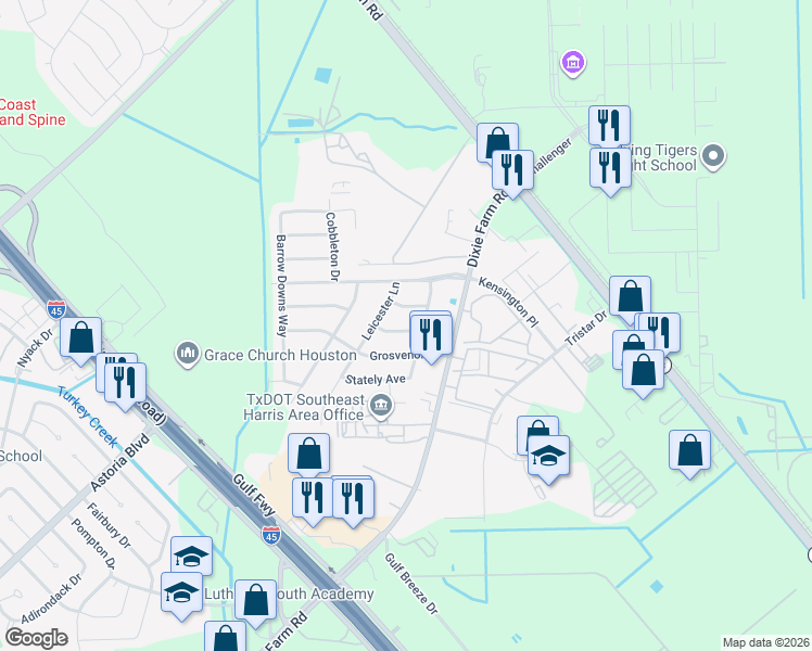map of restaurants, bars, coffee shops, grocery stores, and more near 13923 Grosvenor Street in Houston