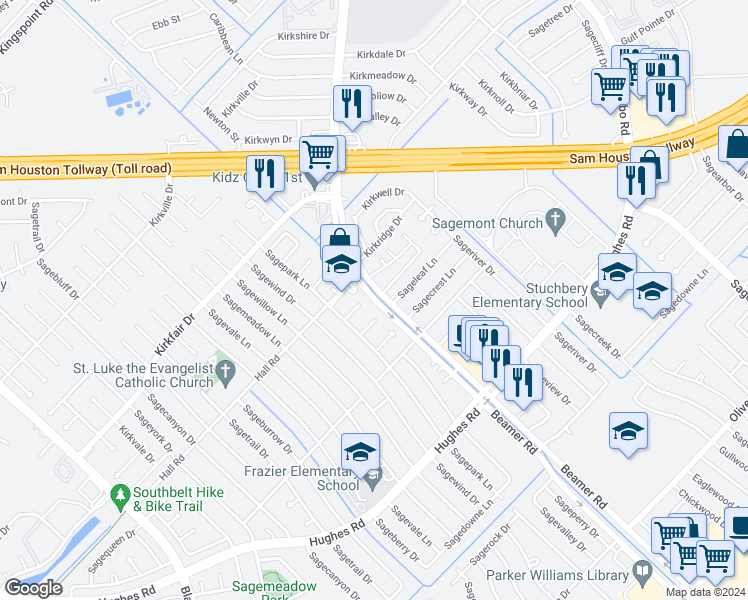 map of restaurants, bars, coffee shops, grocery stores, and more near 10811 Sageleaf Lane in Houston
