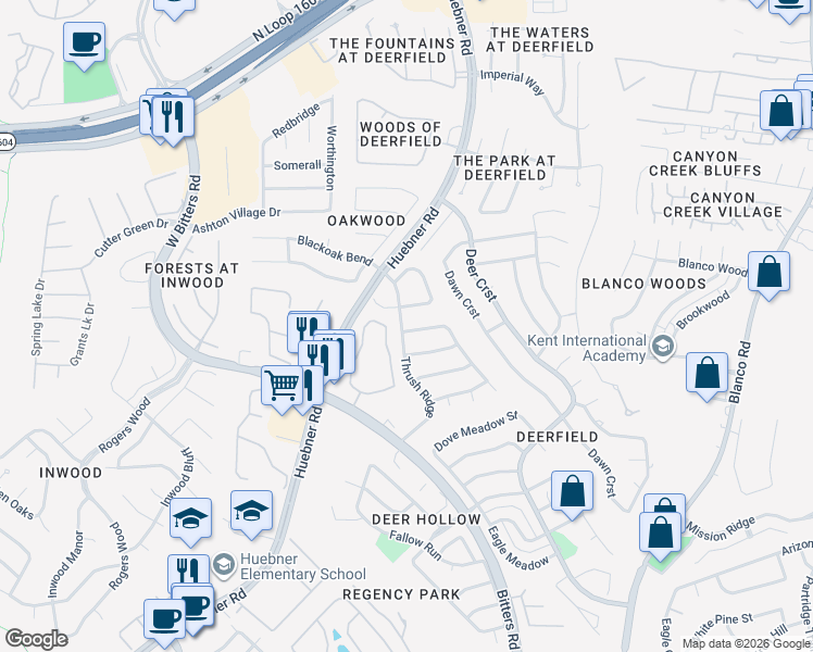 map of restaurants, bars, coffee shops, grocery stores, and more near 1626 Wood Quail Street in San Antonio