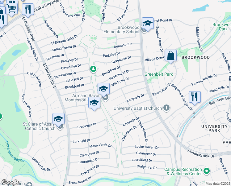 map of restaurants, bars, coffee shops, grocery stores, and more near 16306 Hickory Knoll Drive in Houston