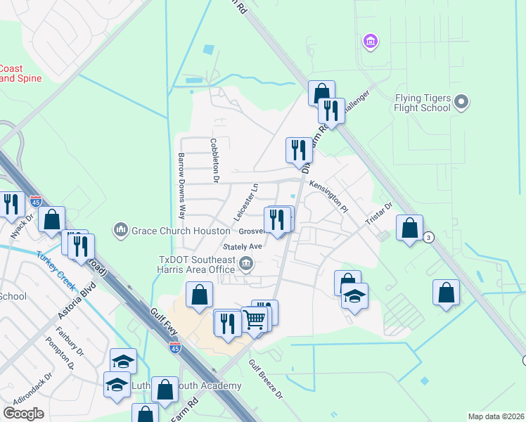 map of restaurants, bars, coffee shops, grocery stores, and more near 13923 Grosvenor Street in Houston