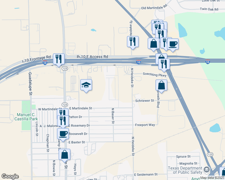 map of restaurants, bars, coffee shops, grocery stores, and more near 616 East Martindale Street in Seguin