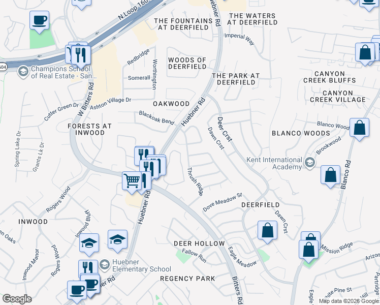 map of restaurants, bars, coffee shops, grocery stores, and more near 1626 Wood Quail Street in San Antonio