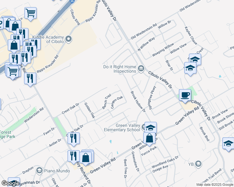 map of restaurants, bars, coffee shops, grocery stores, and more near 1621 Canyon Oak in Schertz