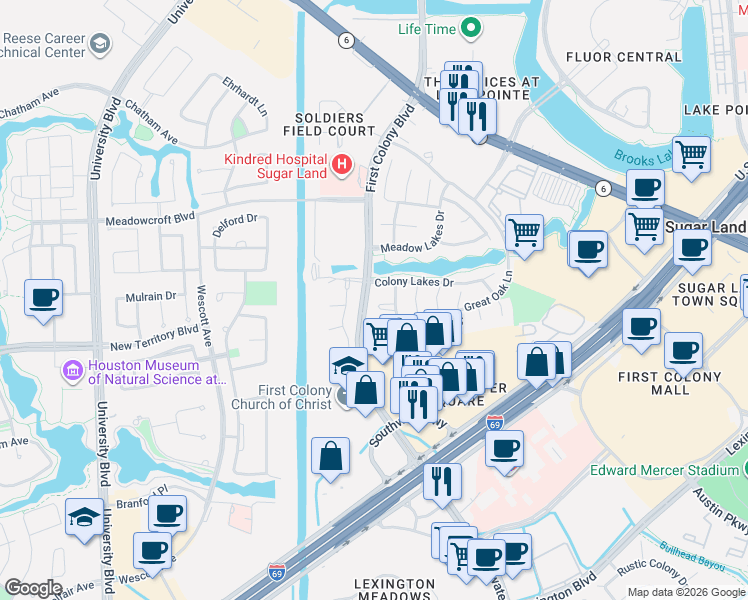 map of restaurants, bars, coffee shops, grocery stores, and more near 1311 Raintree Circle in Sugar Land