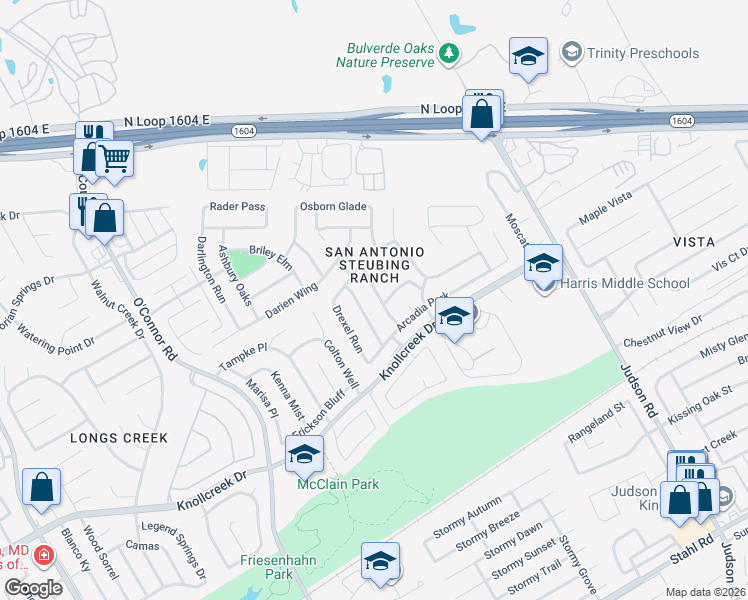 map of restaurants, bars, coffee shops, grocery stores, and more near 5403 Goshen Grove in San Antonio