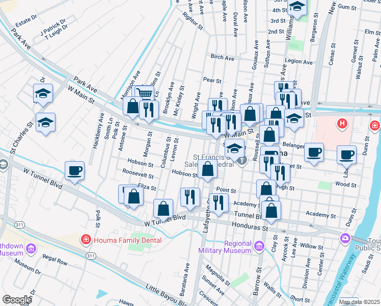 map of restaurants, bars, coffee shops, grocery stores, and more near 7614 West Main Street in Houma