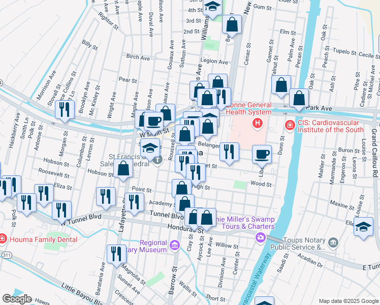 map of restaurants, bars, coffee shops, grocery stores, and more near in Houma
