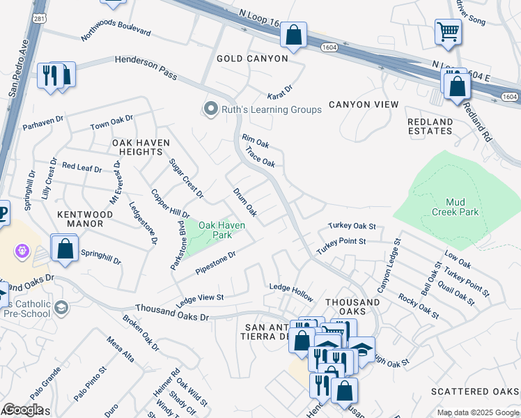 map of restaurants, bars, coffee shops, grocery stores, and more near 2427 Pendant Oak in San Antonio