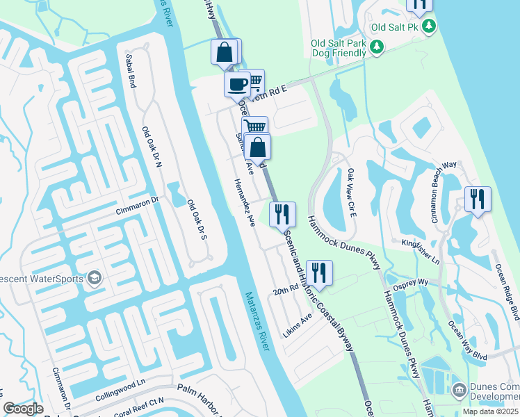 map of restaurants, bars, coffee shops, grocery stores, and more near 70 Sanchez Avenue in Palm Coast