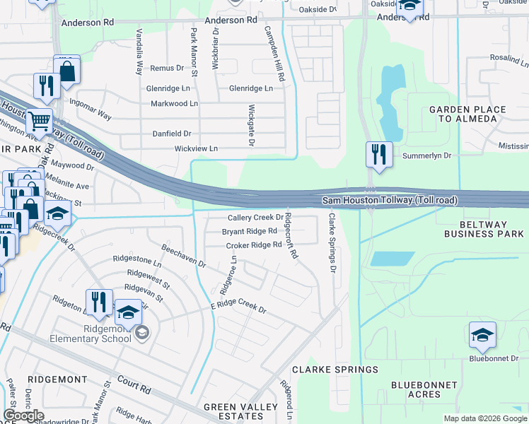 map of restaurants, bars, coffee shops, grocery stores, and more near 4660 South Sam Houston Parkway West in Houston