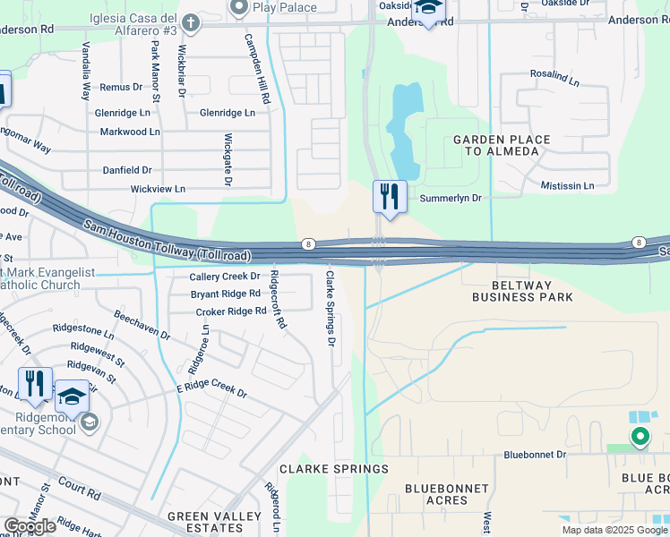 map of restaurants, bars, coffee shops, grocery stores, and more near 15703 Clarke Springs Drive in Houston