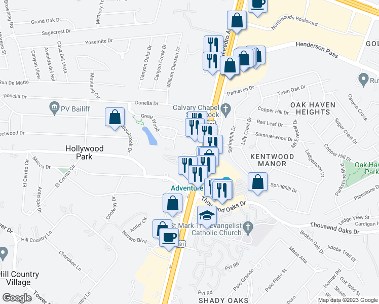 map of restaurants, bars, coffee shops, grocery stores, and more near 16911 San Pedro Avenue in Hollywood Park