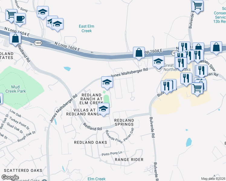 map of restaurants, bars, coffee shops, grocery stores, and more near 17150 Jones Maltsberger Road in San Antonio