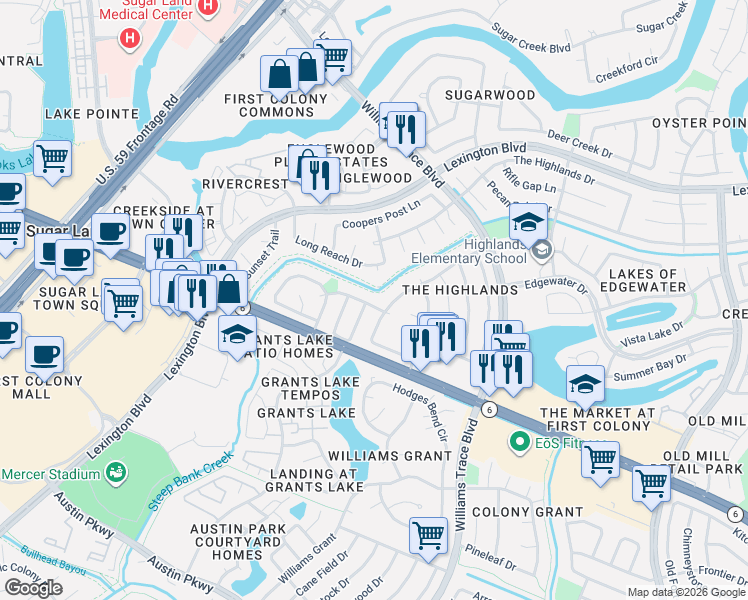 map of restaurants, bars, coffee shops, grocery stores, and more near 2519 Planters Row in Sugar Land