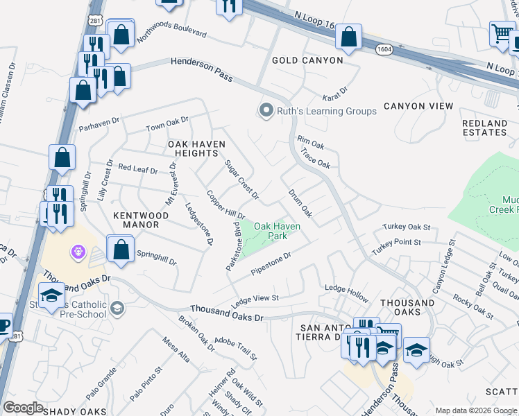 map of restaurants, bars, coffee shops, grocery stores, and more near 16910 Sugar Crest Drive in San Antonio