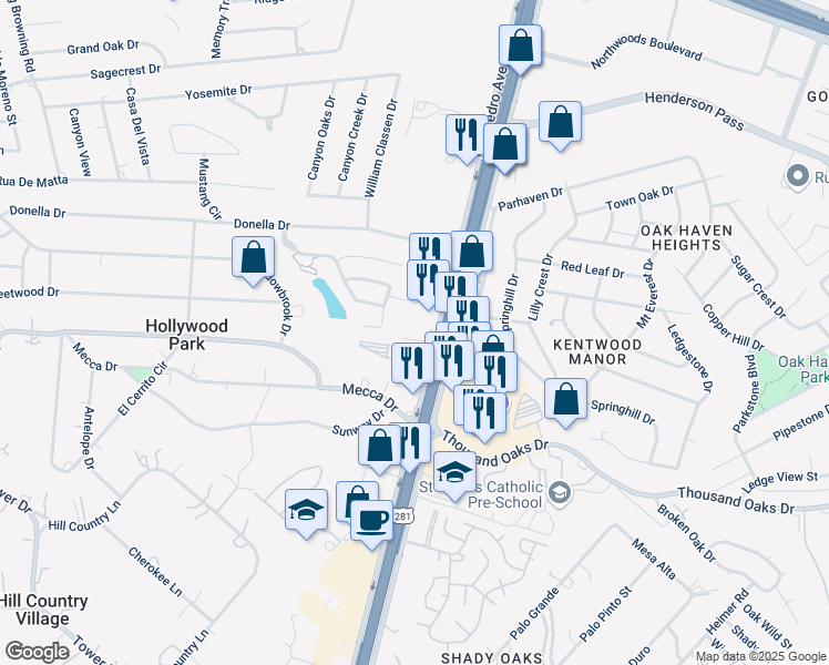 map of restaurants, bars, coffee shops, grocery stores, and more near 16915 San Pedro Avenue in San Antonio