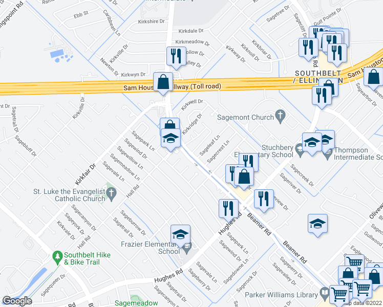 map of restaurants, bars, coffee shops, grocery stores, and more near 11771 Beamer Road in Houston