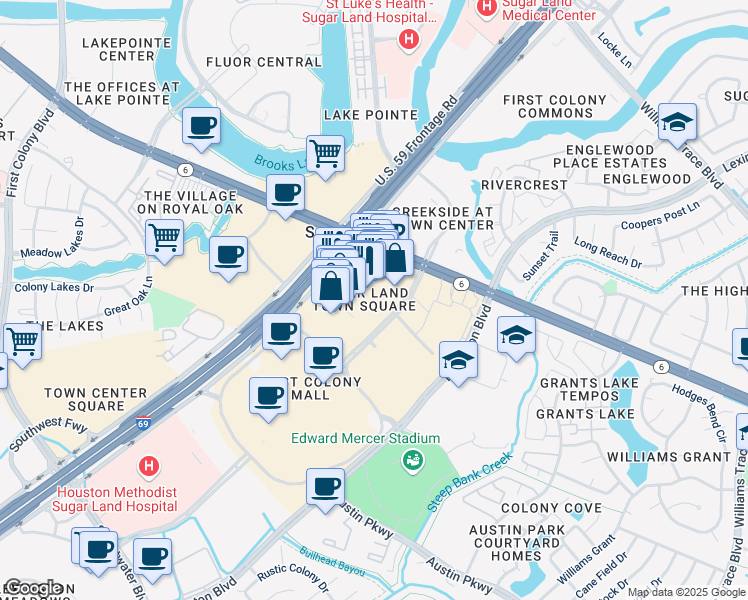 map of restaurants, bars, coffee shops, grocery stores, and more near 2277 Plaza Drive in Sugar Land