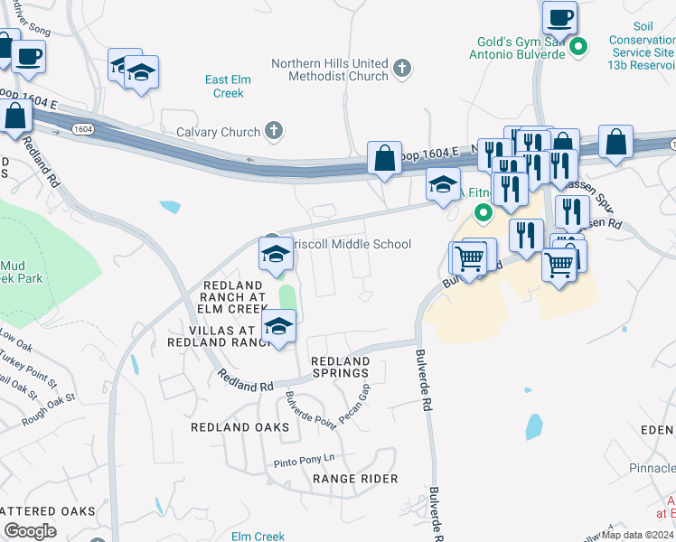 map of restaurants, bars, coffee shops, grocery stores, and more near 17204 Jones Maltsberger Road in San Antonio