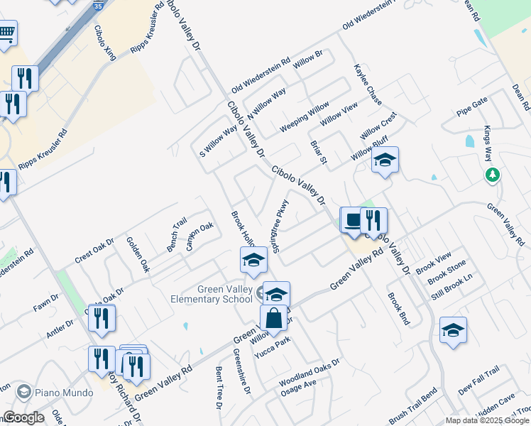 map of restaurants, bars, coffee shops, grocery stores, and more near 124 Springtree Cove in Cibolo