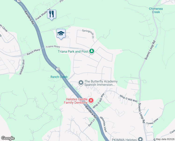 map of restaurants, bars, coffee shops, grocery stores, and more near 10426 Palmera in Helotes