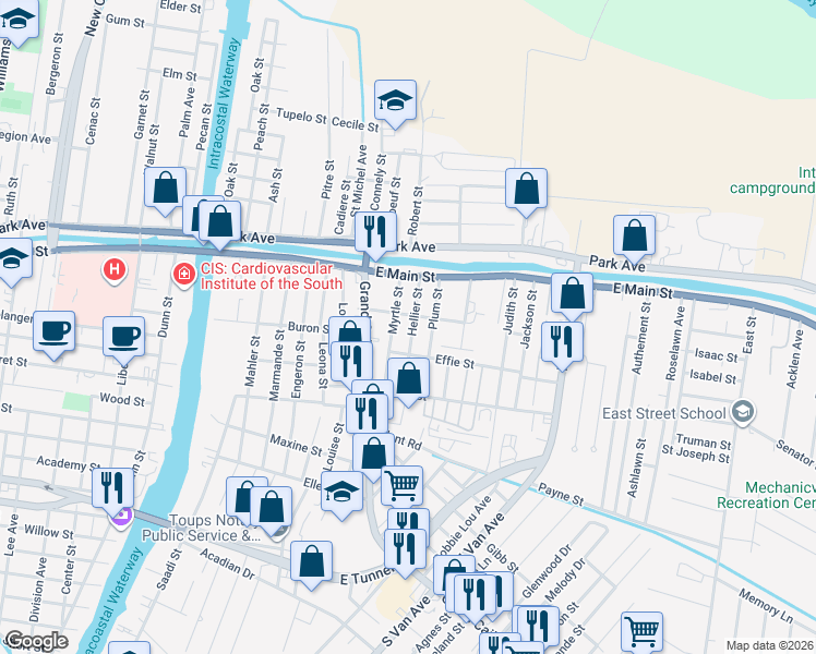 map of restaurants, bars, coffee shops, grocery stores, and more near 100-198 Hellier St in Houma