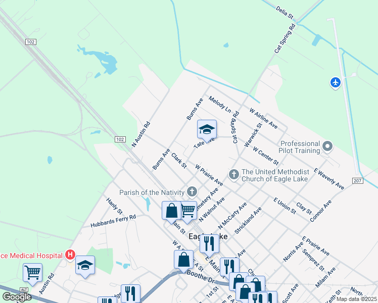 map of restaurants, bars, coffee shops, grocery stores, and more near 701 Tate Avenue in Eagle Lake