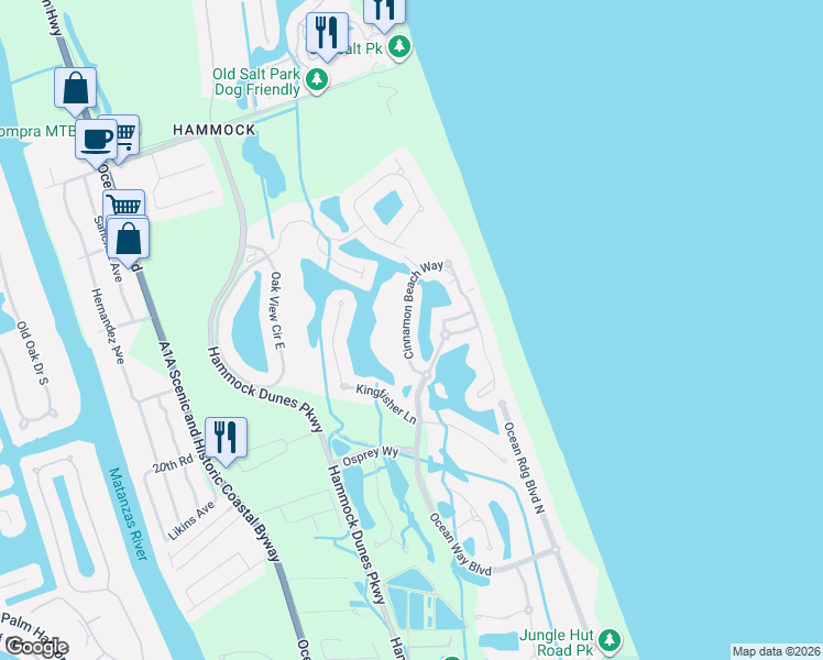 map of restaurants, bars, coffee shops, grocery stores, and more near 41 Cinnamon Beach Way in Palm Coast