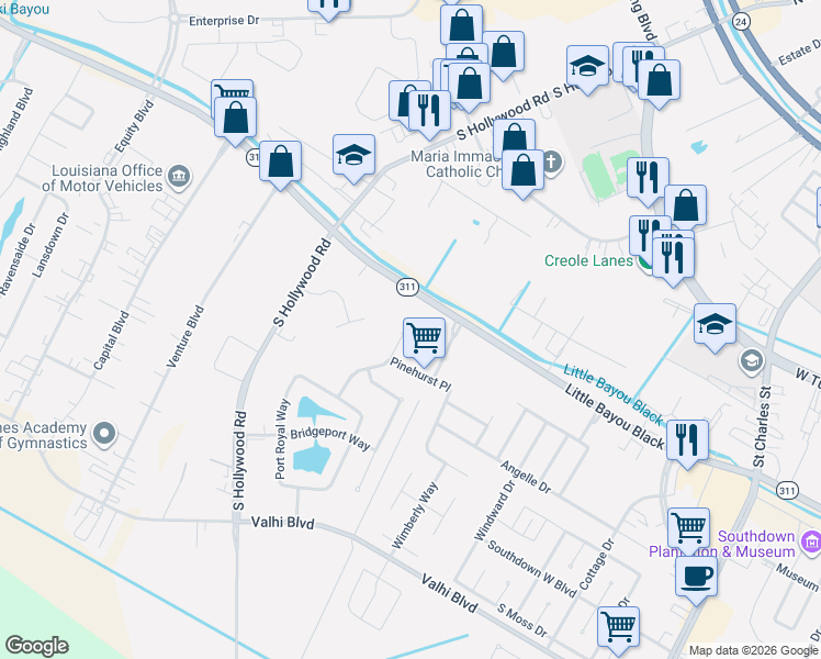 map of restaurants, bars, coffee shops, grocery stores, and more near 5094 Highway 311 in Houma