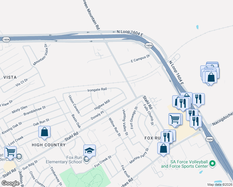 map of restaurants, bars, coffee shops, grocery stores, and more near 17047 Irongate Rail in San Antonio
