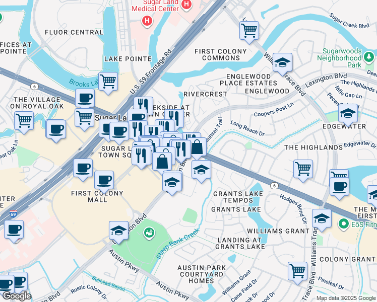 map of restaurants, bars, coffee shops, grocery stores, and more near 15705 Lexington Boulevard in Sugar Land