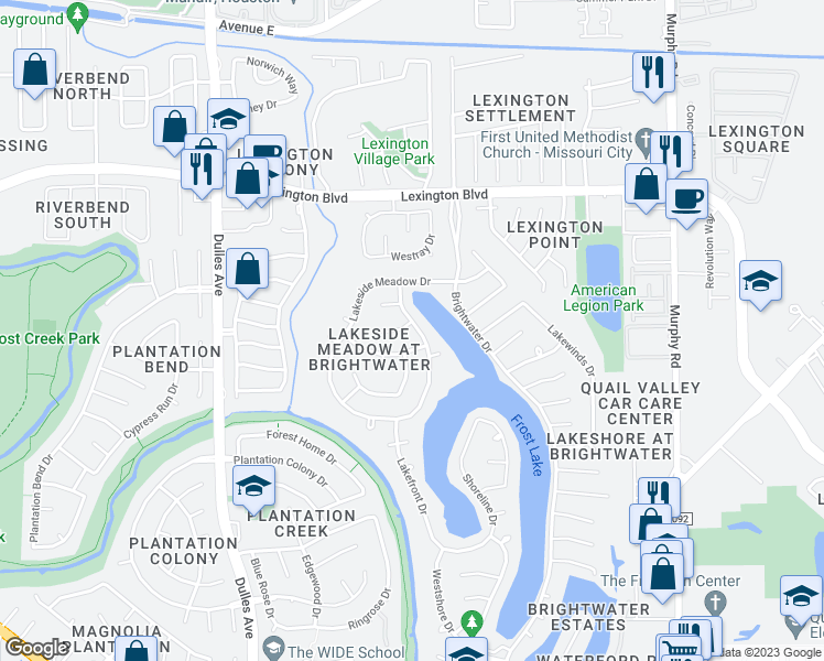 map of restaurants, bars, coffee shops, grocery stores, and more near 4503 Northshore Court in Missouri City