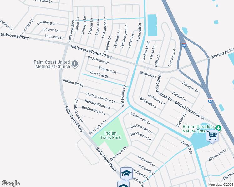 map of restaurants, bars, coffee shops, grocery stores, and more near 63 Bud Hollow Drive in Palm Coast