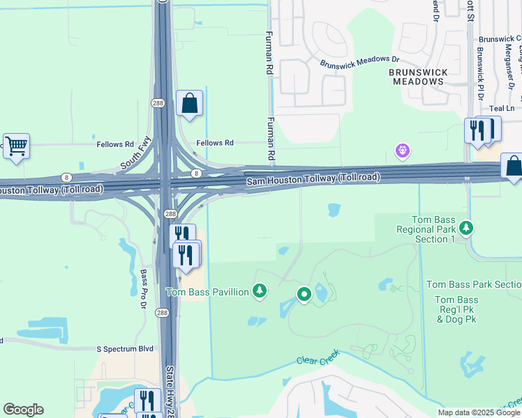 map of restaurants, bars, coffee shops, grocery stores, and more near 2850 South Sam Houston Parkway East in Houston