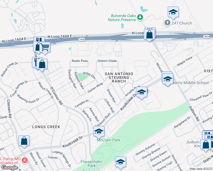 map of restaurants, bars, coffee shops, grocery stores, and more near 5331 Argyle Way in San Antonio