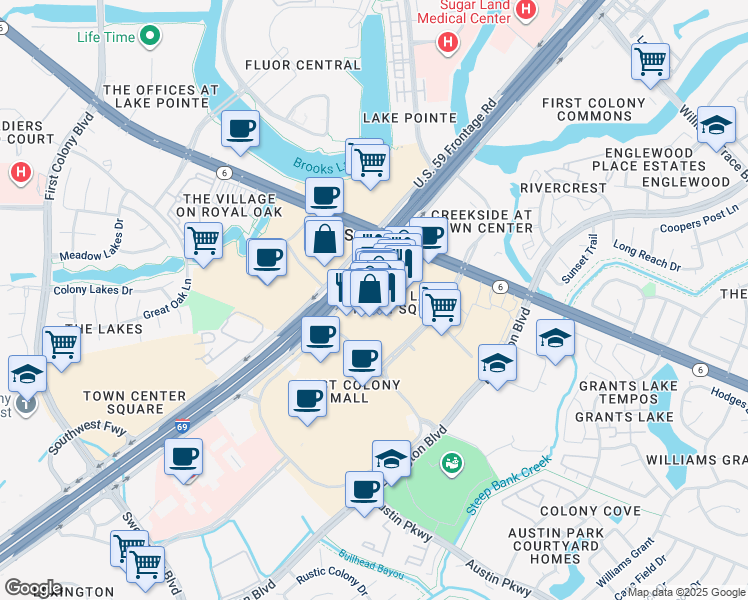 map of restaurants, bars, coffee shops, grocery stores, and more near 2120 Town Square Place in Sugar Land