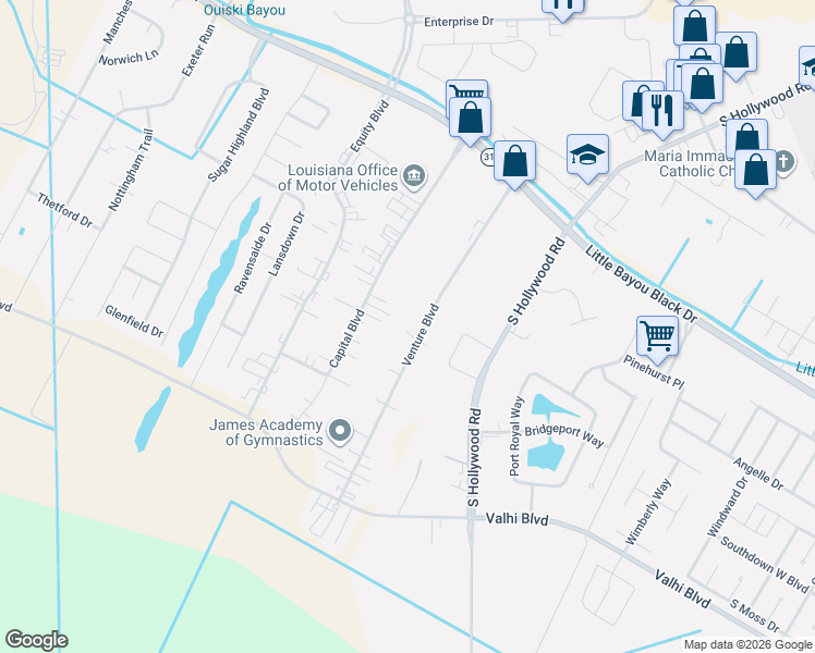 map of restaurants, bars, coffee shops, grocery stores, and more near 208 Venture Boulevard in Houma