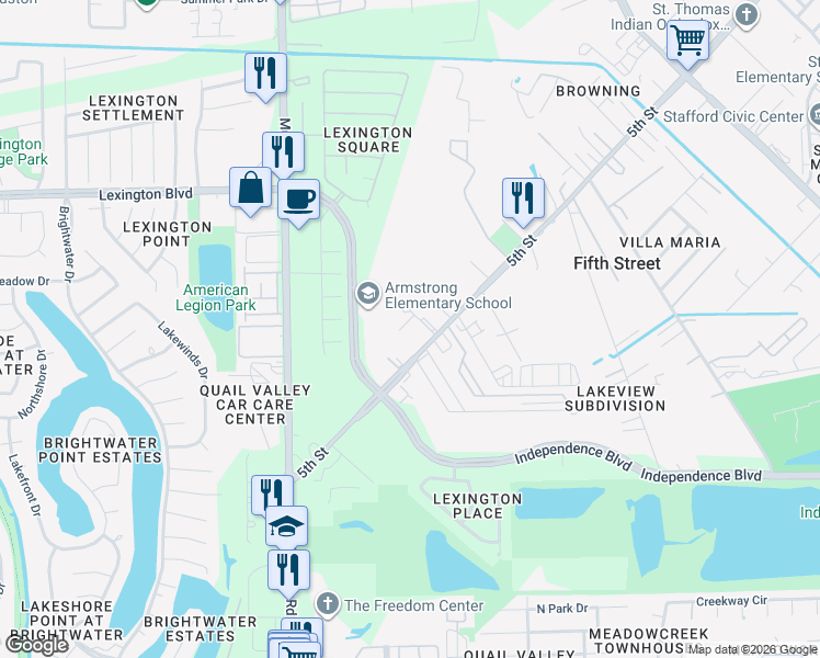map of restaurants, bars, coffee shops, grocery stores, and more near 1122 Barker Street in Stafford