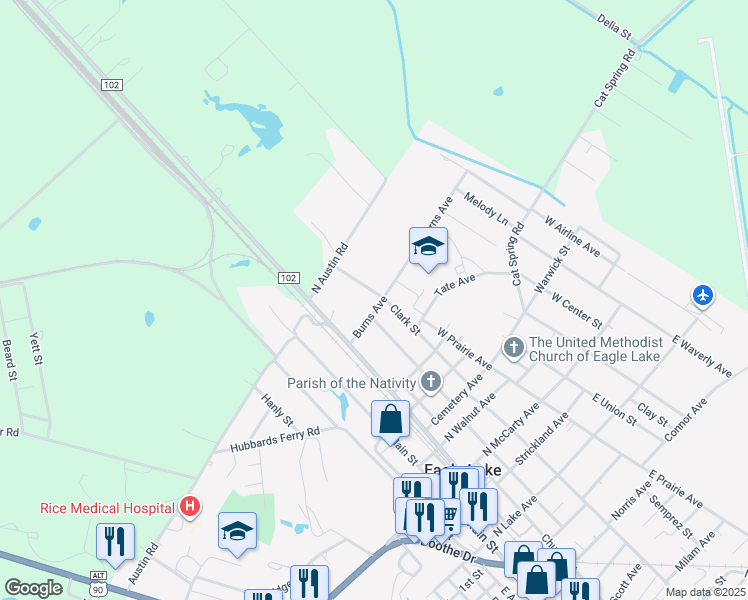 map of restaurants, bars, coffee shops, grocery stores, and more near 600 Austin Road in Eagle Lake