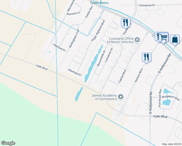 map of restaurants, bars, coffee shops, grocery stores, and more near 234 Ravensaide Drive in Houma