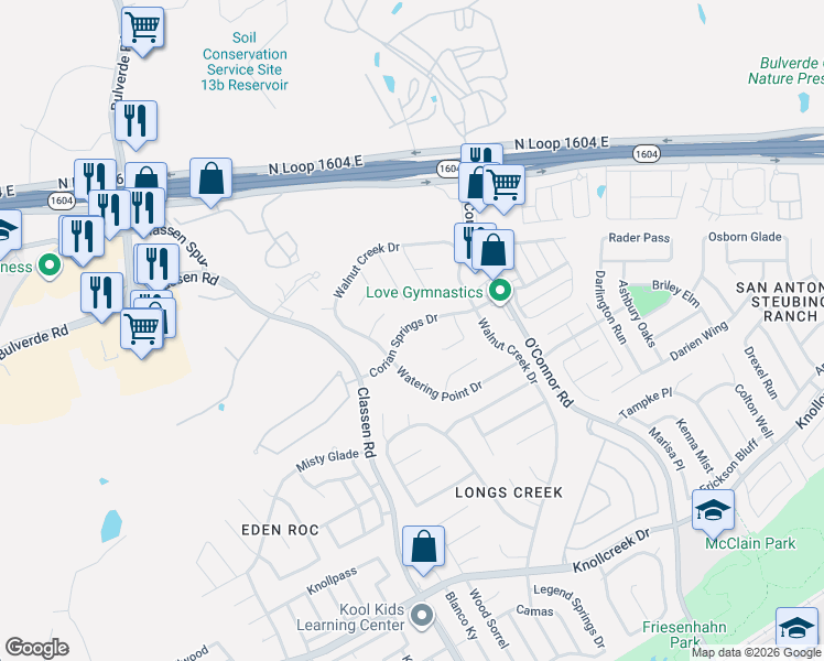 map of restaurants, bars, coffee shops, grocery stores, and more near 4827 Corian Springs Drive in San Antonio
