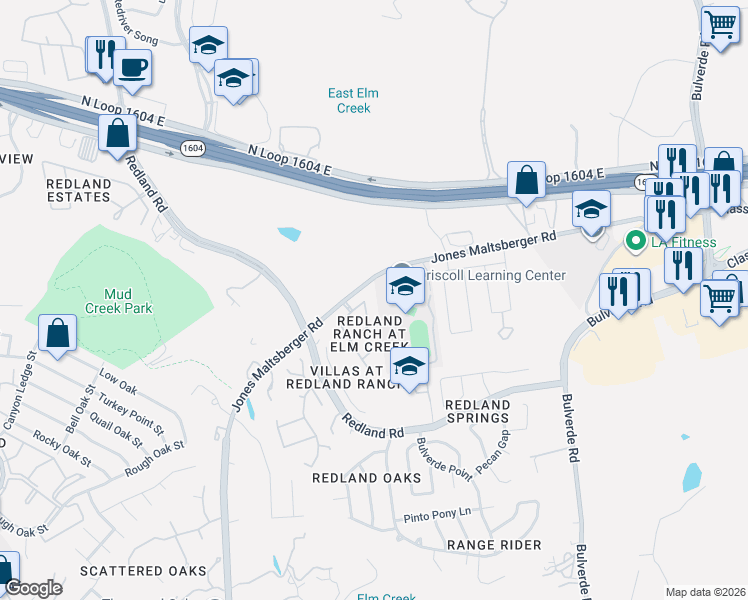 map of restaurants, bars, coffee shops, grocery stores, and more near 3434 Crimson Stable in San Antonio