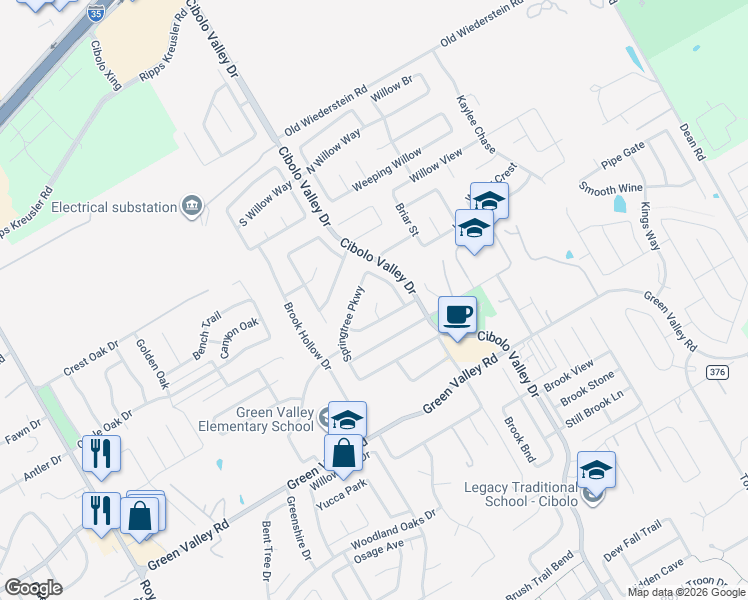 map of restaurants, bars, coffee shops, grocery stores, and more near 117 Springtree Way in Cibolo