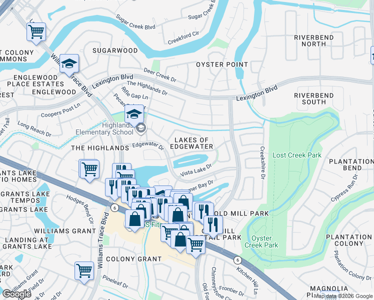 map of restaurants, bars, coffee shops, grocery stores, and more near 2011 Richland Court in Sugar Land