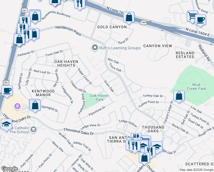 map of restaurants, bars, coffee shops, grocery stores, and more near 16527 Drum Oak in San Antonio