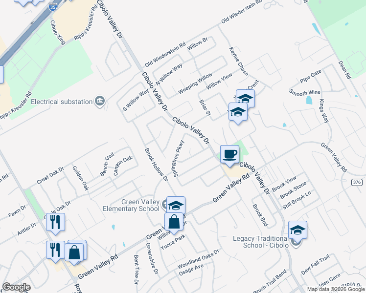 map of restaurants, bars, coffee shops, grocery stores, and more near 117 Springtree Way in Cibolo